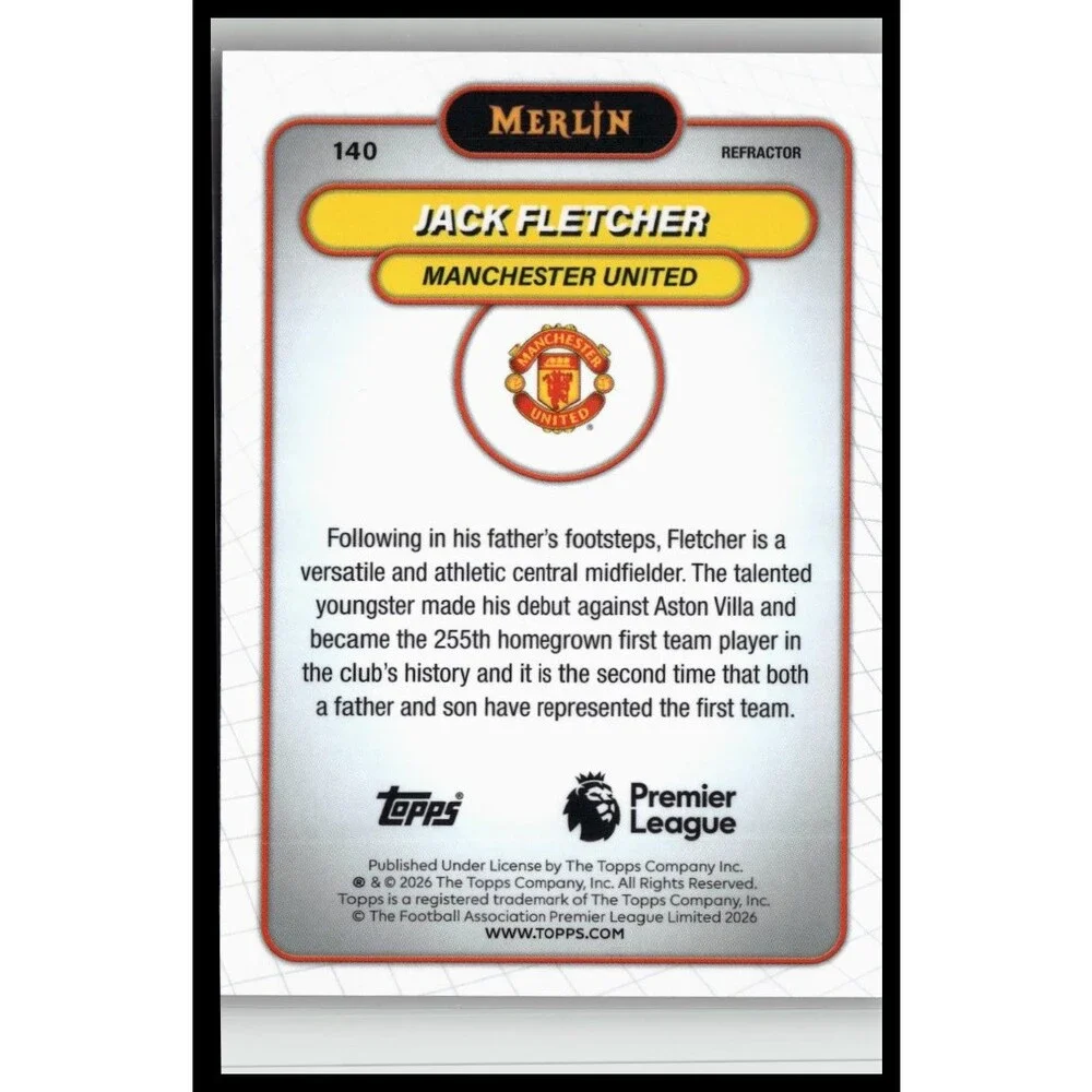 2026 Merlin Premier League Jack Fletcher #140 Manchester United Refractor Rookie